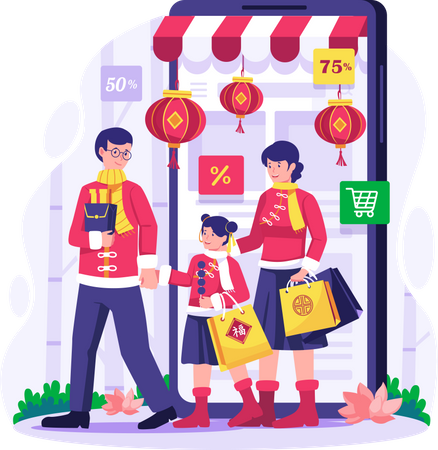 Asian family shopping through smartphone  Illustration