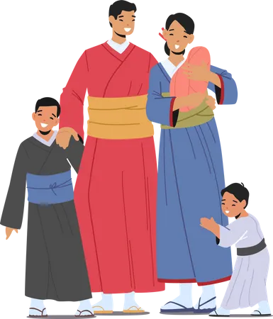 Asian family with kids wearing traditional kimono Illustration
