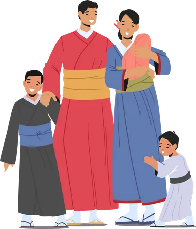 Asian family with kids wearing traditional kimono  Illustration