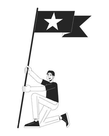Asian Fan Boy Holding Flag With Star Flat Line Black White Vector Character Editable Outline Full Body Person Korean Fanboy Cheering Simple Cartoon Isolated Spot Illustration For Web Graphic Design Illustration