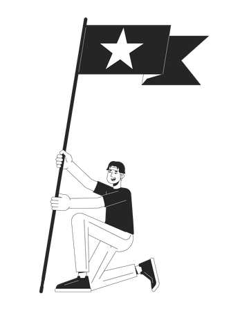 Asian fan boy holding flag with star  イラスト