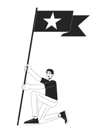 Asian fan boy holding flag with star  Illustration