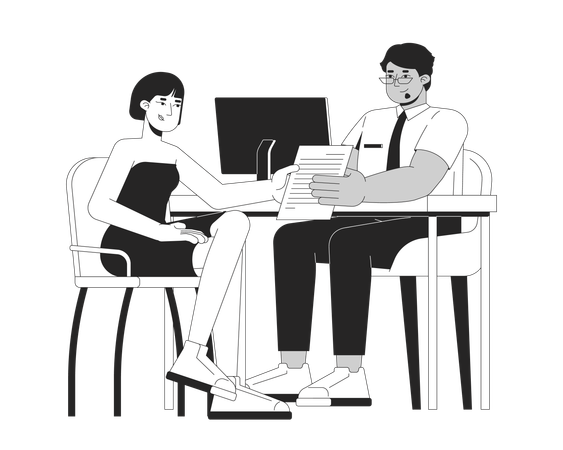 Asian female client consulting bank representative arab man  Illustration