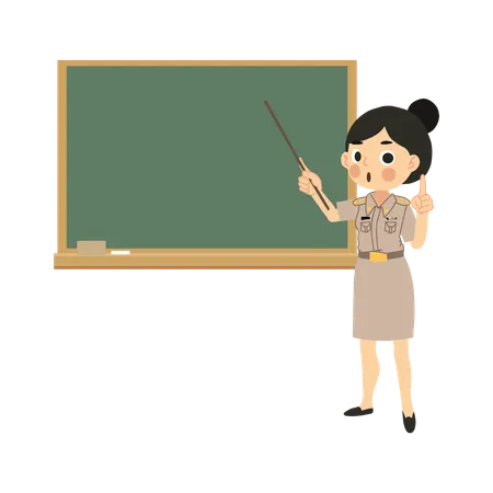 Asian Female Educator Teaching with Pointer Stick and Chalkboard  イラスト