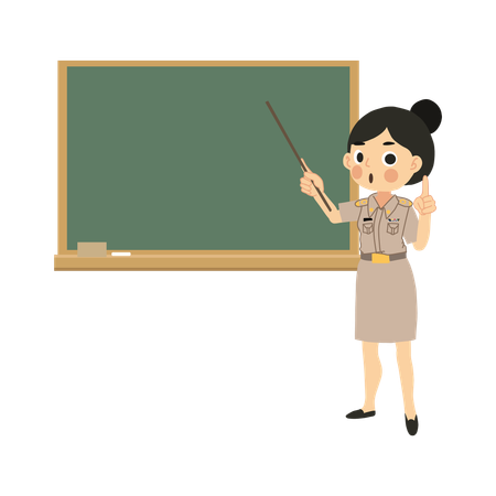 Asian Female Educator Teaching with Pointer Stick and Chalkboard  Illustration