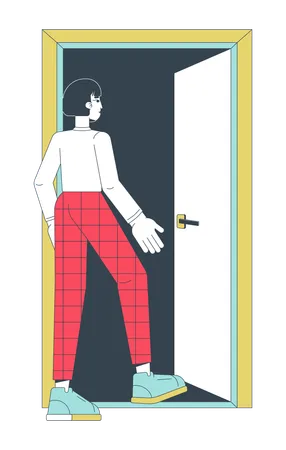 Asian Female Employee Leaving Door 2 D Linear Cartoon Character Young Adult Korean Office Worker Exit Isolated Line Vector Person White Background Woman Fired Layoff Color Flat Spot Illustration Illustration