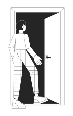 Asian Female Employee Leaving Door Black And White 2 D Line Cartoon Character Young Korean Office Worker Exit Isolated Vector Outline Person Woman Fired Layoff Monochromatic Flat Spot Illustration Illustration