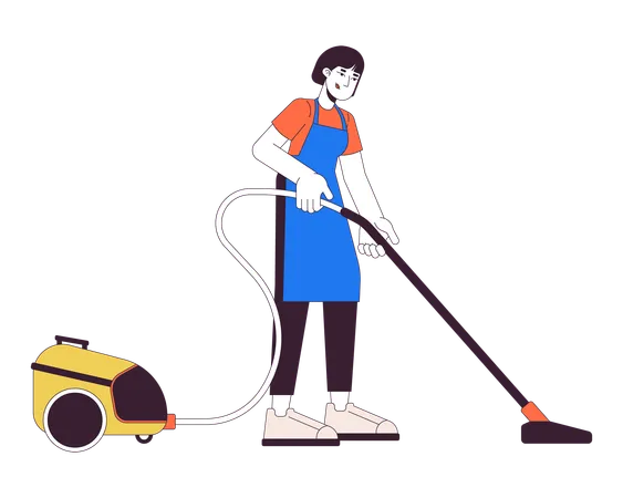 Asian Woman With Vacuum Cleaner 2 D Linear Cartoon Character Hoovering Housewife Isolated Line Vector Person White Background Cleaning Service Business Idea Color Flat Spot Illustration Illustration