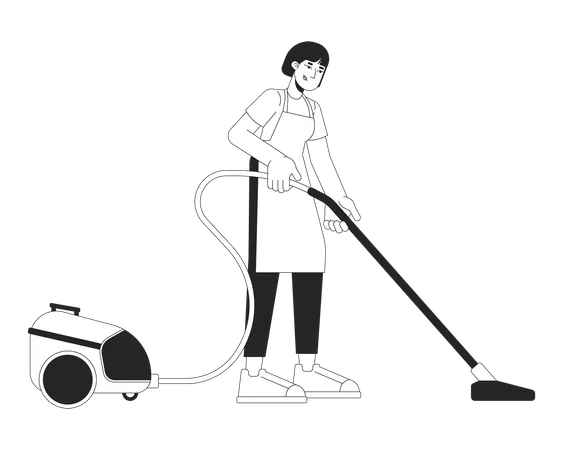 Asian Woman With Vacuum Cleaner Black And White 2 D Line Cartoon Character Hoovering Housewife Isolated Vector Outline Person Cleaning Service Business Idea Monochromatic Flat Spot Illustration Illustration