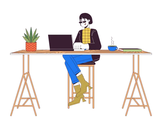 Asian Female Working On Laptop At Counter Table 2 D Linear Cartoon Character Woman Using Computer Isolated Line Vector Person White Background Workplace Conveniences Color Flat Spot Illustration Illustration