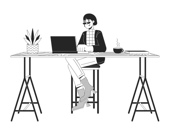 Asian female working on laptop at counter table  Illustration