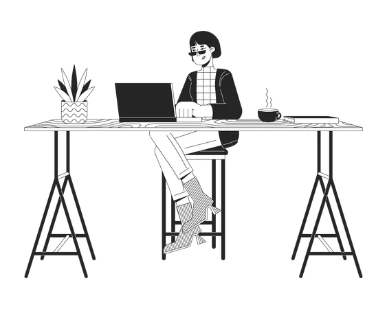 Asian Female Working On Laptop At Counter Table Black And White 2 D Line Cartoon Character Woman At Computer Isolated Vector Outline Person Workplace Conveniences Monochromatic Flat Spot Illustration Illustration