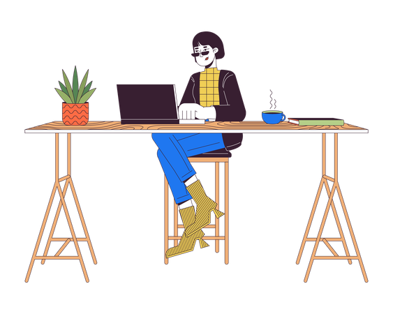 Asian female working on laptop at counter table  Illustration