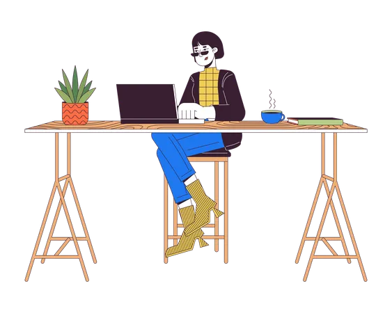 Asian female working on laptop at counter table  Illustration