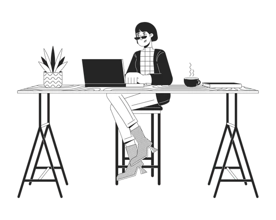 Asian female working on laptop at counter table  Illustration