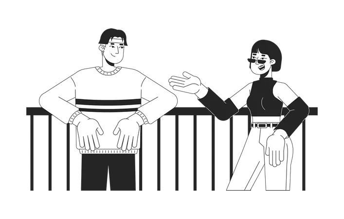 Asian friends talking near fence  Illustration