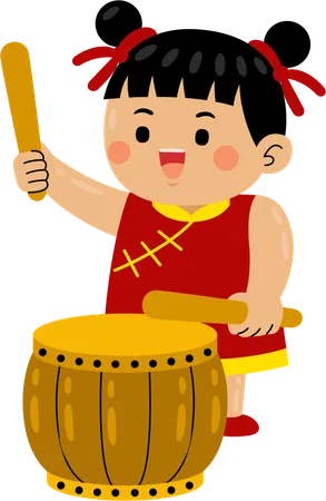 Asian girl beating drum  Illustration