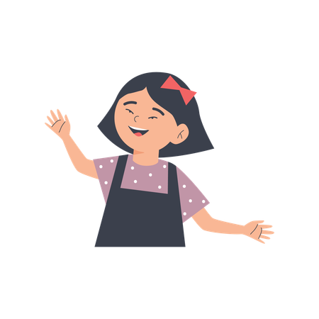 Asian girl with red bow in her hair wave hello  Illustration