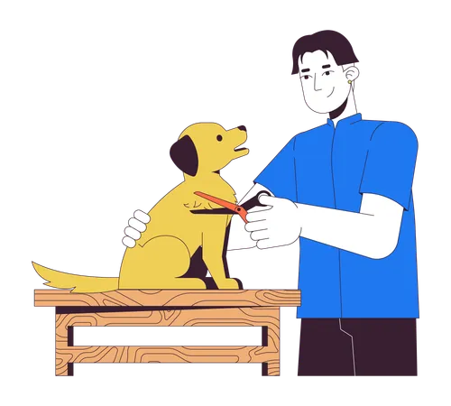Asian Man Grooming Dog 2 D Linear Cartoon Character Groomer Taking Care Of Pet Isolated Line Vector Person White Background Animal Beauty And Hygiene Service Color Flat Spot Illustration Illustration