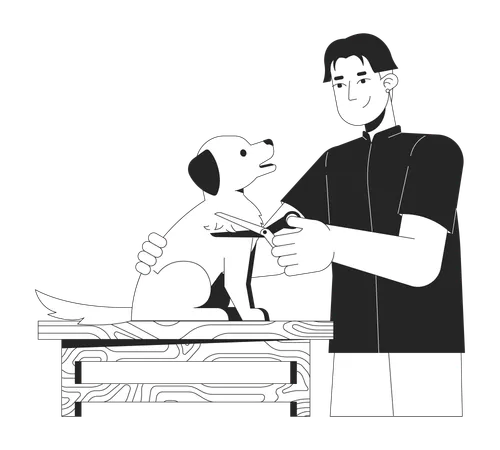 Asian Man Grooming Dog Black And White 2 D Line Cartoon Character Groomer Taking Care Of Pet Isolated Vector Outline Person Animal Beauty And Hygiene Service Monochromatic Flat Spot Illustration Illustration