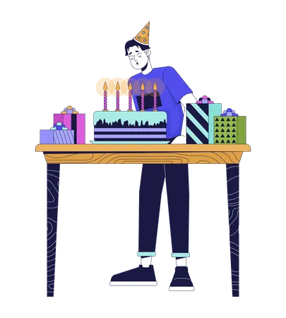 Asian Guy Blowing Birthday Candles 2 D Linear Cartoon Character Man Making Wish On Holiday Isolated Line Vector Person White Background Festive Party Celebration Color Flat Spot Illustration Illustration