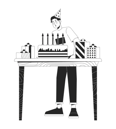 Asian Guy Blowing Birthday Candles Black And White 2 D Line Cartoon Character Man Making Wish On Holiday Isolated Vector Outline Person Festive Party Celebration Monochromatic Flat Spot Illustration Illustration