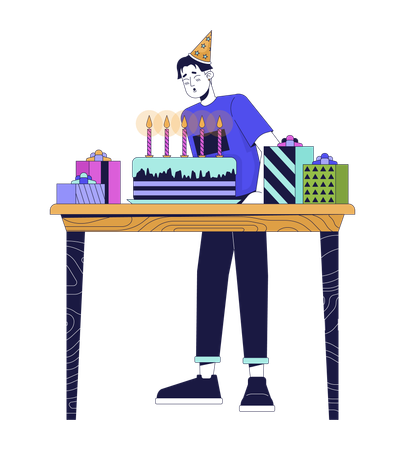 Asian guy is blowing birthday candles  Illustration