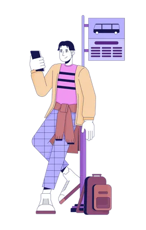Asian guy leaning on road sign bus stop  Illustration