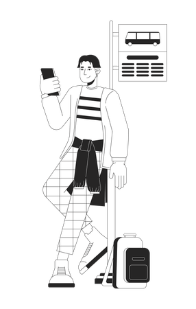 Asian guy leaning on road sign bus stop  イラスト