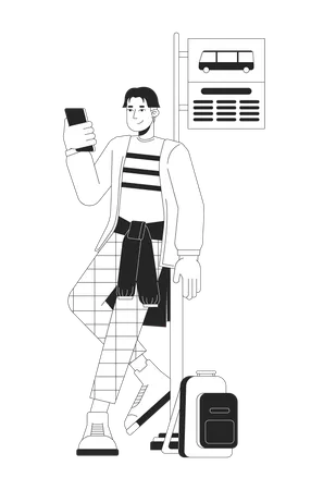 Asian Guy Leaning On Road Sign Bus Stop Black And White 2 D Line Cartoon Character Korean Man Scrolling Phone Isolated Vector Outline Person Waiting Transport Monochromatic Flat Spot Illustration Illustration