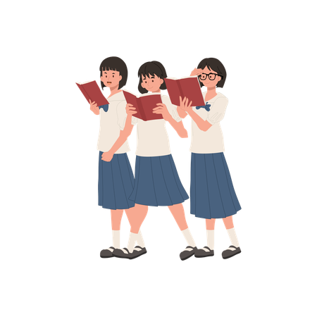 Asian high school girls in uniforms reading together student group studying books  Illustration