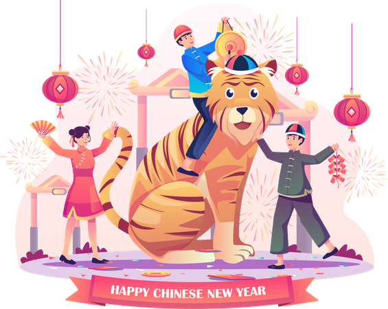 Asian kids celebrating the Chinese new year  Illustration