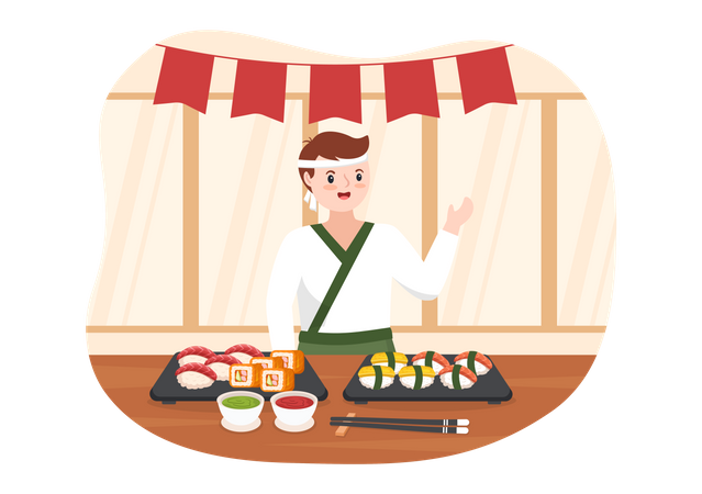 Asian male eating Sushi  Illustration