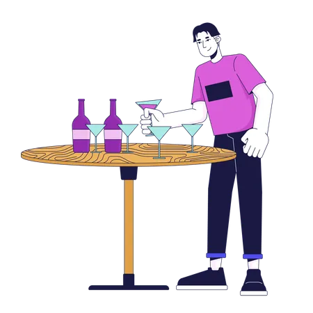 Asian Male Taking Drink At Party 2 D Linear Cartoon Character Young Man Choosing Cocktail On Table Isolated Line Vector Person White Background Holiday Treatment Color Flat Spot Illustration Illustration