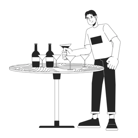 Asian Male Taking Drink At Party Black And White 2 D Line Cartoon Character Young Man Choosing Cocktail On Table Isolated Vector Outline Person Holiday Treatment Monochromatic Flat Spot Illustration Illustration