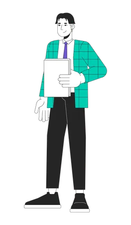 Asian Male Office Worker Holding Paperwork 2 D Linear Cartoon Character Korean Young Adult Corporate Employee Isolated Line Vector Person White Background Team Member Color Flat Spot Illustration Illustration