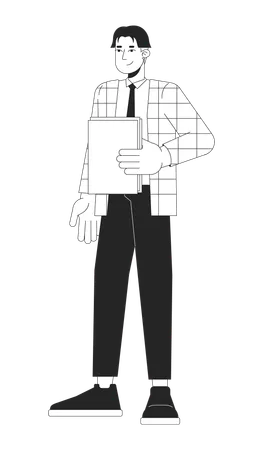 Asian Male Office Worker Holding Paperwork Black And White 2 D Line Cartoon Character Korean Adult Corporate Employee Isolated Vector Outline Person Team Member Monochromatic Flat Spot Illustration Illustration