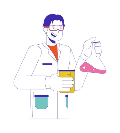 Asian male scientist holding flasks in lab  Illustration