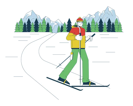 Winter Landscape Skiing Line Cartoon Flat Illustration Asian Male Skier Snow Sport 2 D Lineart Character Isolated On White Background Skiing Freestyle Wintersport Scene Vector Color Image 일러스트레이션