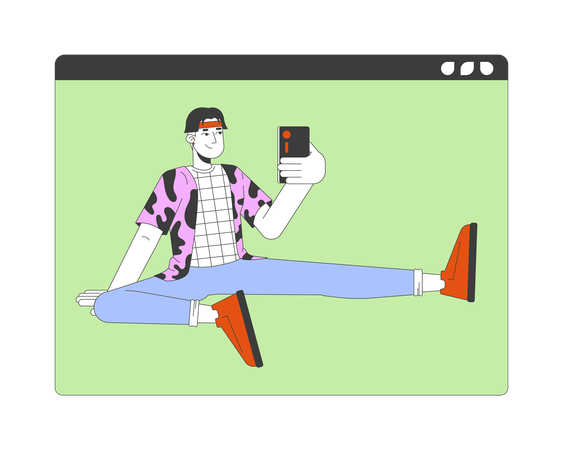 スマートフォンでオンラインになっているアジア人男性ブロガー  イラスト