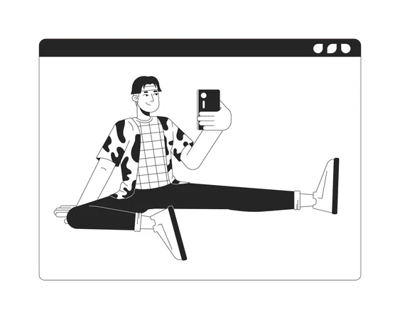 Asian Man Blogger With Smartphone Black And White 2 D Line Cartoon Character Happy Japanese Male Conducting Streaming Isolated Vector Outline Person Social Media Monochromatic Flat Spot Illustration Illustration