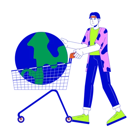 Asian Man Buying Whole World 2 D Linear Illustration Concept Korean Male Buyer With Shopping Cart Cartoon Character Isolated On White Overconsumption Metaphor Abstract Flat Vector Outline Graphic Illustration