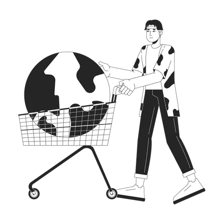 Asian Man Buying Whole World 2 D Linear Illustration Concept Korean Male Buyer With Shopping Cart Cartoon Outline Character Isolated On White Overconsumption Metaphor Monochrome Vector Art Illustration