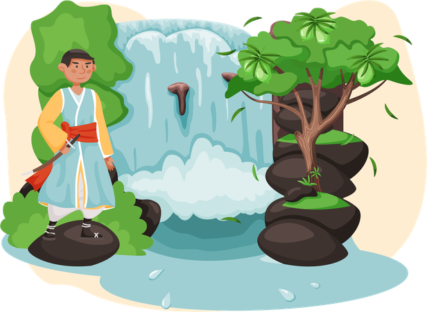 Asian man dressed in national clothes standing next to waterfall in mountaine landscape with water  Illustration