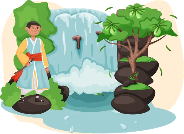 Asian man dressed in national clothes standing next to waterfall in mountaine landscape with water  Illustration