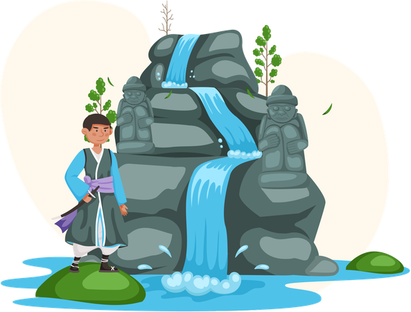 Asian man dressed in national clothes standing next to waterfall in mountaine landscape with water  Illustration