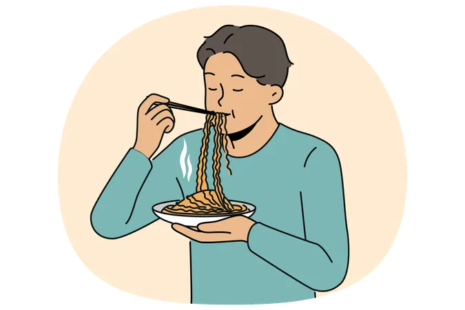 Asian man eatting ramen with chinese sticks while enjoying taste of traditional national meal  Illustration