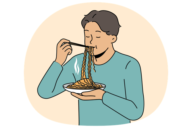 Asian man eatting ramen with chinese sticks while enjoying taste of traditional national meal  Illustration