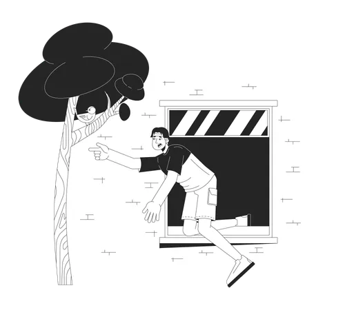 Asian Man Falling Out Of Window Black And White Cartoon Flat Illustration Young Male Trying To Catch Bird 2 D Lineart Character Isolated Dangerous Accident Monochrome Scene Vector Outline Image Illustration