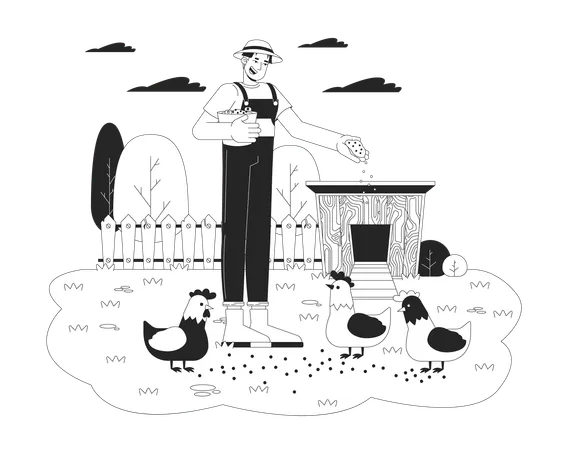 Asian man feeding chickens  Illustration